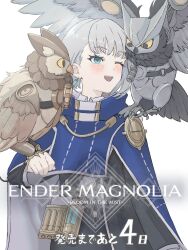 1girl animal animal_on_arm animal_on_shoulder artist_request bird bird_on_arm bird_on_shoulder black_jacket blue_cloak blue_eyes blush cloak commentary_request countdown_illustration earrings ender_lilies_quietus_of_the_knights ender_magnolia_bloom_in_the_mist grey_hair highres jacket jewelry lilac_(ender_magnolia) official_art one_eye_closed open_mouth owl robot short_hair single_earring smile