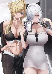 2girls absurdres bare_shoulders bikini black_bikini black_choker black_jacket black_pants blonde_hair blue_eyes breasts cellphone cellphone_charm character_charm charm_(object) choker cinderella_(beautiful_me)_(nikke) cinderella_(nikke) cleavage closed_mouth collar collarbone commentary_request covered_navel cowboy_shot dongtan_dress dress eyewear_hang formal_clothes glasses goddess_of_victory:_nikke grave_(beautiful_you)_(nikke) grave_(nikke) grey_dress groin hair_between_eyes hair_intakes hair_over_one_eye hand_on_own_hip hands_up heart heart_necklace highleg highleg_bikini highres holding holding_phone jacket jacket_on_shoulders jewelry large_breasts long_hair looking_at_viewer meme_attire metal_collar midriff multiple_girls multiple_scars navel necklace necklace_between_breasts off_shoulder official_alternate_costume pants parted_lips phone pinstripe_jacket pinstripe_pants pinstripe_pattern pinstripe_suit ponytail red_eyes scar scar_on_stomach selfie short_ponytail shupita sidelocks smartphone smile standing strapless strapless_dress suit swimsuit unworn_eyewear very_long_hair white_hair