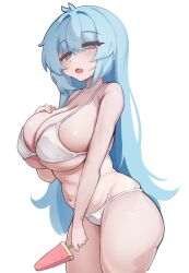 1girl bikini blue_eyes blue_hair blush breasts cleavage collarbone fang food hand_on_own_chest hand_up highres holding holding_food holding_ice_cream huge_breasts ice_cream leaning_forward long_hair looking_at_viewer navel open_mouth original plump sae_art simple_background skin_fang skindentation solo standing swimsuit white_background white_bikini