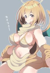 Rule 34 | 1girl, antenna hair, blonde hair, blush, bra, breasts, brown eyes, cleavage, detached sleeves, dragonite, gen 1 pokemon, grey background, hair between eyes, highres, large breasts, maks (makusu 210), navel, nintendo, personification, pokemon, revealing clothes, smile, solo, underwear, wings