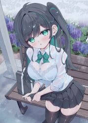 1girl black_hair black_skirt black_thighhighs blush bow bowtie bra breasts colored_inner_hair flower green_bow green_bowtie green_bra green_eyes highres large_breasts long_hair looking_at_viewer mikaze_oto multicolored_hair open_mouth original outdoors rain see-through_clothes shirt skirt solo streaked_hair taking_shelter thighhighs twintails underwear wet wet_clothes white_shirt