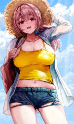 absurdres arm_behind_head blue_scrunchie breasts brown_hair cleavage cloud day denim denim_shorts gibagiba hair_between_eyes hair_intakes hair_ornament hair_scrunchie hat highres huge_breasts jacket long_hair looking_at_viewer midriff mole mole_under_mouth navel open_clothes open_jacket open_mouth original outdoors ponytail purple_eyes sayama_saho_(gibagiba) scrunchie shorts sky smile solo straw_hat sweat tank_top thighs torn_clothes torn_shorts white_jacket yellow_tank_top