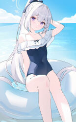 1girl absurdres blue_archive blue_halo blue_one-piece_swimsuit casual_one-piece_swimsuit covered_navel frilled_one-piece_swimsuit frills halo highres miyako_(blue_archive) miyako_(swimsuit)_(blue_archive) off-shoulder_one-piece_swimsuit off_shoulder official_alternate_costume one-piece_swimsuit solo swim_ring swimsuit usagi_(786113654) white_innertube