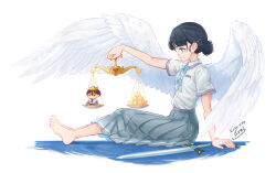 1girl angel_wings arm_support barefoot basori_tiara black_hair blue_bow blue_bowtie blue_eyes blue_skirt blush bow bowtie closed_mouth collared_shirt dated feathered_wings feet from_side full_body hair_bun hand_up highres holding holding_scale make_heroine_ga_oo_sugiru! mole mole_on_neck nukumizu_kazuhiko pleated_skirt profile school_uniform shirt short_hair signature simple_background sitting skirt solo star_(symbol) summer_uniform sword toes toyosora tsuwabuki_high_school_uniform weapon white_background white_shirt white_wings wings