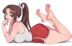 1girl arm_support ass barefoot breast_press breasts brown_eyes brown_hair commentary curtained_hair fatal_fury feet from_side hand_up high_ponytail highres large_breasts long_hair looking_at_viewer lower_teeth_only lying maidcousin nail_polish on_stomach open_mouth ponytail red_shorts shiranui_mai short_shorts shorts simple_background smile soles solo tank_top teeth thighs white_background white_tank_top