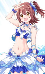 1girl arm_ribbon arm_up bare_shoulders bikini bikini_skirt blue_bikini blue_flower blue_ribbon blue_skirt bow brown_hair choker collarbone cowboy_shot dot_nose floating_hair flower hair_between_eyes hair_bow hair_flower hair_ornament hair_ribbon halterneck highres idolmaster idolmaster_million_live! idolmaster_million_live!_theater_days kasuga_mirai layered_skirt looking_at_viewer multicolored_bikini navel one_side_up open_mouth ribbon ribbon_choker short_hair side_ponytail simple_background skirt smile solo standing swimsuit taka_(suigendou) teeth two-tone_bikini two-tone_skirt upper_teeth_only v water white_background white_bikini white_skirt wrist_flower yellow_eyes