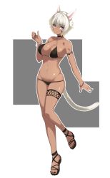 1girl absurdres animal_ears bikini black_bikini bracelet breasts cat_ears cat_tail cleavage dark-skinned_female dark_skin facial_mark final_fantasy final_fantasy_xiv grey_eyes highres jewelry kaname_nagi looking_at_viewer medium_breasts miqo&#039;te neck_tattoo sandals short_hair simple_background solo swimsuit tail tattoo whisker_markings white_hair y&#039;shtola_rhul