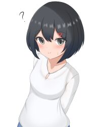 1girl ? baju_kurung black_hair blue_skirt bob_cut camisole closed_mouth grey_eyes hair_ornament highres light_blush light_smile malaysian_secondary_school_uniform original ryzeon school_uniform see-through_clothes see-through_shirt shirt short_hair skirt smile sweatdrop white_camisole white_shirt