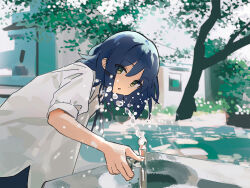 1girl :o bocchi_the_rock! building drinking_fountain green_eyes hair_ornament hairclip looking_at_viewer medium_hair outdoors scenery shirt sidelocks solo sunako_(veera) tree upper_body water white_shirt yamada_ryo