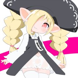 1girl blonde_hair blush braid cello_(20000) character_request dress female_focus hair_over_one_eye large_hat long_hair looking_at_viewer navel pointy_ears sharp_teeth shorts smile solo standing teeth thighhighs twin_braids very_long_hair