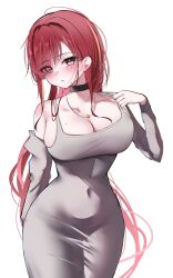 Rule 34 | 1girl, absurdres, adjusting clothes, akane lize, arm at side, black choker, blush, breasts, choker, cleavage, closed mouth, collarbone, commentary request, covered navel, cowboy shot, dress, eyes visible through hair, grey dress, grey eyes, grey shrug, hair over one eye, hand up, highres, impossible clothes, impossible dress, korean commentary, large breasts, long bangs, long hair, looking at viewer, mole, mole under eye, multicolored hair, orange streaks, parted bangs, red hair, red pupils, shrug (clothing), simple background, sleeveless, sleeveless dress, slit pupils, solo, standing, stellive, streaked hair, sweat, taut clothes, taut dress, very long hair, virtual youtuber, white background, yeomhwauranyum