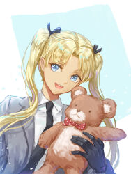 1girl :d black_bow black_necktie black_ribbon blonde_hair blue_eyes bow collared_shirt dark-skinned_female dark_skin formal_clothes gloves gunslinger_girl hair_bow holding holding_stuffed_toy kankito leather leather_gloves long_hair looking_at_viewer necktie open_mouth parted_bangs polka_dot_bowtie ribbon shirt smile solo stuffed_animal stuffed_toy suit teddy_bear triela very_long_hair white_shirt