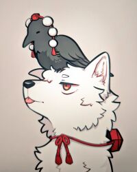 animal_focus animalization bird commentary crow grey_background hat inubashiri_momiji inubashiri_momiji_(wolf) min.k no_humans pom_pom_(clothes) red_hat shameimaru_aya shameimaru_aya_(crow) simple_background symbol-only_commentary tokin_hat touhou wolf