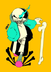 1boy absurdres black_shorts blue_eyes blue_jacket bone clenched_teeth full_body highres jacket male_focus pink_slippers sakekuzu_no_ame sans_(undertale) shirt shorts simple_background skeleton slippers solo teeth undertale white_shirt yellow_background