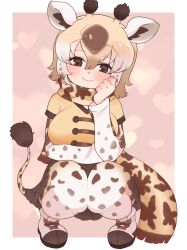 1girl animal_ears animal_print blush brown_eyes brown_hair brown_shoes brown_skirt brown_trim giraffe_ears giraffe_girl giraffe_horns giraffe_print giraffe_tail hair_between_eyes heart horns kemono_friends long_hair long_sleeves looking_at_viewer majikaru_pokonyan masai_giraffe_(kemono_friends) multicolored_hair multicolored_shoes pantyhose pleated_skirt print_pantyhose print_scarf print_sleeves scarf shirt shoes short_hair short_sleeves sidelocks skirt solo squatting tail two-tone_shoes white_hair white_shoes yellow_shirt