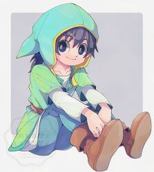 Rule 34 | 1boy, 29qmatatavi, aqua pants, belt, black eyes, black hair, boots, border, brown belt, brown boots, collarbone, dragon quest, dragon quest vii, green hat, green jacket, grey background, hat, hat flaps, hero (dq7), highres, jacket, long hair, long sleeves, looking to the side, male focus, pants, sitting, smile, solo, tunic, white border, white tunic