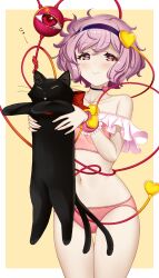 1girl :&gt; animal black_cat black_hairband blush border cat cowboy_shot dot_nose eyeball frills hair_between_eyes hair_ornament hairband hataraki_kuma heart heart_hair_ornament highres holding holding_animal holding_cat kaenbyou_rin kaenbyou_rin_(cat) komeiji_satori looking_at_viewer messy_hair multiple_tails navel nekomata pink_eyes pink_hair short_hair simple_background smile solo tail tareme third_eye touhou two_tails underwear white_border