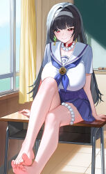 1girl absurdres alternate_breast_size alternate_costume astra_yao barefoot bead_necklace beads black_hair blue_skirt blush breasts chalkboard classroom closed_mouth collarbone commentary_request curtains desk earrings feet hair_intakes hairband highres huge_breasts indoors jewelry long_hair necklace on_desk red_eyes revision sailor_collar school_desk school_uniform shirt sitting skirt smile solo toes very_long_hair white_hairband white_sailor_collar white_shirt window yueyueyue_yao zenless_zone_zero