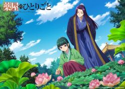 1boy 1girl blue_eyes blue_sky cloud flower green_hair hanfu herb jinshi_(kusuriya_no_hitorigoto) kusuriya_no_hitorigoto long_hair maomao_(kusuriya_no_hitorigoto) official_art promotional_art purple_eyes purple_hair sky tree zhijupao