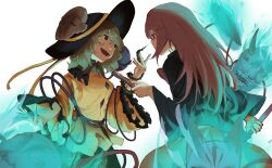 2girls absurdres black_hat blouse blue_fire bubble_skirt buttons diamond_button expressionless eyeball fire folded_fan folding_fan fox_mask frilled_shirt_collar frilled_sleeves frills green_eyes green_hair green_skirt hand_fan hannya hat hat_ribbon hata_no_kokoro highres holding holding_fan im_mo komeiji_koishi mask mask_on_head multiple_girls noh_mask oni_mask orange_skirt pink_eyes pink_hair plant ribbon shirt skirt smile third_eye thorns touhou vines wide_sleeves yellow_ribbon yellow_shirt