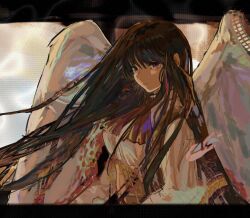 1girl angel_wings ashashio braid breasts closed_mouth collared_shirt commentary expressionless feathered_wings green_hair highres large_breasts long_hair long_sleeves looking_at_viewer purple_eyes sayonara_wo_oshiete school_uniform shirt side_braids solo sugamo_mutsuki upper_body very_long_hair vest white_shirt white_wings wings yellow_vest