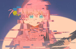 1girl blue_eyes bocchi_the_rock! cube_hair_ornament glitch gotoh_hitori guitar hair_ornament highres holding holding_guitar holding_instrument instrument jacket kubing_aaa long_hair looking_at_viewer one_side_up parted_lips pink_hair pink_jacket solo spotlight track_jacket upper_body