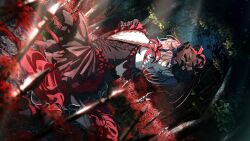 1girl absurdres asakura_toru bare_back dress flower gloves gothic_lolita hair_ornament highres idolmaster idolmaster_shiny_colors lolita_fashion official_art red_dress red_nails spider_lily tree