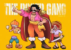 Rule 34 | 3boys, arm up, black hair, blue hair, blue pants, brown eyes, brown shoes, brown shorts, buggy the clown, cape, clenched hand, facial hair, gol d. roger, grin, handlebar mustache, hat, holding, holding sword, holding weapon, index finger raised, male focus, multiple boys, mustache, one piece, open clothes, open shirt, orange background, orange hat, orange pants, pac-man eyes, pants, red cape, rubber hose (style), sandals, shanks (one piece), shoes, shorts, smile, sparse stubble, standing, straw hat, sword, vamos mk, weapon
