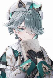 aged_down alhaitham_(genshin_impact) alpaitham aqua_eyes aqua_hair beret bishounen black_gloves book closed_mouth cosplay dahlia_(genshin_impact) dahlia_(genshin_impact)_(cosplay) genshin_impact gloves grey_hair hair_between_eyes hair_over_one_eye hat highres holding holding_book long_sleeves looking_at_viewer male_focus multicolored_hair shirt short_hair streaked_hair white_background white_hair white_hat white_shirt