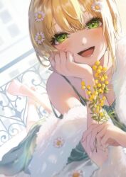 1girl blonde_hair blush dress green_dress green_eyes hair_ornament idolmaster idolmaster_cinderella_girls idolmaster_cinderella_girls_starlight_stage magako miyamoto_frederica open_mouth short_hair solo