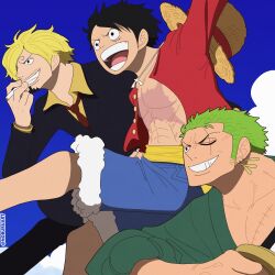 Rule 34 | 3boys, absurdres, black hair, blonde hair, cigarette, curly eyebrows, facial hair, formal clothes, green hair, hair over one eye, hat, highres, holding, holding cigarette, male focus, monkey d. luffy, multiple boys, necktie, noburuart, one piece, roronoa zoro, sanji (one piece), scar, smile, suit, sword, weapon