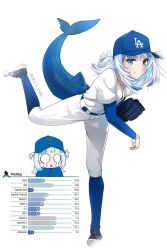 1girl :&lt; :t artist_name bar_chart baseball baseball_cap baseball_glove baseball_uniform belt blue_belt blue_eyes blue_gloves blue_hair blue_hat blue_shirt blue_shoes blue_socks blue_undershirt blunt_bangs blush breasts commentary crying crying_with_eyes_open english_commentary english_text fins fish_tail foot_up full_body gawr_gura gloves graph hair_over_shoulder hat highres hololive hololive_english kneehighs layered_sleeves light_blush long_sleeves looking_at_viewer loose_hair_strand los_angeles_dodgers medium_hair multicolored_hair o_o obi3 pants parted_lips pitching playing_sports sad shark_girl shark_tail shirt shoes short_sleeves single_glove small_breasts sneakers socks solo sportswear standing standing_on_one_leg stats streaked_hair tail teardrop tearing_up tears throwing tulsa_drillers twitter_username two-tone_hair two_side_up virtual_youtuber white_hair white_pants white_shirt