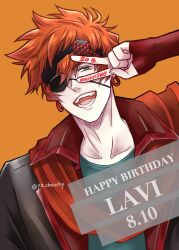 Rule 34 | 1boy, anniversary, birthday, black headband, black jacket, black order uniform, collarbone, collared jacket, d.gray-man, earrings, eyepatch, fingerless gloves, gloves, green eyes, green shirt, hair between eyes, happy anniversary, happy birthday, headband, highres, hoop earrings, jacket, jewelry, lavi, looking at viewer, male focus, messy hair, one eye covered, open mouth, orange background, orange hair, red gloves, red scarf, scarf, shirt, short hair, sidelocks, signature, simple background, smile, solo, striped clothes, striped headband, striped jacket, teeth, twitter username, v, vertical-striped clothes, vertical-striped jacket, yu chocochip