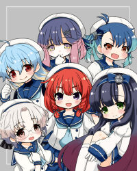Rule 34 | 6+girls, aqua hair, blue bow, blue hair, blue neckerchief, blue sailor collar, blue skirt, blush, bow, braid, brown eyes, etorofu (kancolle), fang, fukae (kancolle), glasses, gloves, green eyes, grey hair, hair ornament, hair ribbon, hairclip, hat, hirato (kancolle), kantai collection, long hair, long sleeves, matsuwa (kancolle), mole, mole under eye, multicolored hair, multiple girls, neckerchief, open mouth, pleated skirt, purple hair, red eyes, red hair, ribbon, rikaon, sado (kancolle), sailor collar, sailor hat, school uniform, serafuku, short hair, side braids, simple background, skirt, smile, socks, tsushima (kancolle), very long hair, white gloves, white hat, white socks
