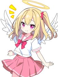 1girl angel angel_wings blonde_hair blush bow bowtie closed_mouth commentary_request cowboy_shot dot_nose feathered_wings halo highres kotatsu-mazoku looking_at_viewer medium_hair notice_lines one_side_up original pink_bow pink_bowtie pink_eyes pink_sailor_collar pink_skirt pleated_skirt sailor_collar school_uniform serafuku shirt short_sleeves simple_background skirt smile solo traditional_halo white_background white_shirt wings
