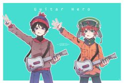 2boys arm_up beanie black_hair blue_eyes brown_jacket fur_hat green_eyes guitar guitar_hero hat holding holding_instrument instrument jacket kyle_broflovski multiple_boys orange_jacket red_hair short_hair south_park stan_marsh tongue tongue_out ushanka