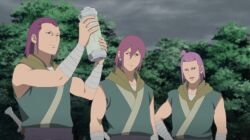 3boys arms_up asaka_(naruto) green_shirt grey_background long_hair male_focus multiple_boys naruto_(series) naruto_shippuuden nature purple_hair shirt