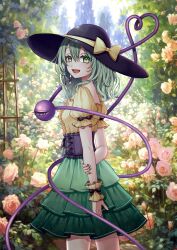 1girl absurdres adapted_costume black_bow black_corset black_hat bow breasts commentary_request corset eyeball flower green_eyes green_hair green_nails green_skirt hair_between_eyes hat hat_bow heart heart_of_string highres komeiji_koishi long_hair looking_at_viewer open_mouth pink_flower pink_rose rnkgmn rose shirt short_sleeves skirt sleeve_bow smile solo third_eye touhou wrist_cuffs yellow_bow yellow_flower yellow_rose yellow_shirt