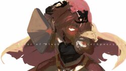 1boy astolfo_(fate) black_bow blood blood_on_face bow cloak copyright_name fate/apocrypha fate/grand_order fate_(series) fur-trimmed_cloak fur_trim hair_bow hair_intakes highres holding holding_weapon ippotsk multicolored_cloak multicolored_hair multiple_hair_bows pink_eyes pink_hair red_cloak short_hair solo streaked_hair sword trap weapon white_background white_cloak white_hair