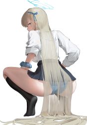 1girl absurdres asuna_(blue_archive) asuna_(school_uniform)_(blue_archive) black_thighhighs blonde_hair blue_archive blue_eyes blue_halo blue_panties blue_skirt breasts commentary_request from_behind hair_ribbon halo highres large_breasts long_hair looking_at_viewer looking_back no_shoes panties pantyshot pleated_skirt ribbon school_uniform shirt simple_background skirt solo squatting tagua thighhighs underwear very_long_hair white_background white_shirt