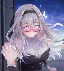 Rule 34 | 1girl, 1other, absurdres, bare shoulders, black dress, black hairband, blue pupils, blush, breasts, collarbone, commentary request, dress, firefly (honkai: star rail), firefly (on the journey) (honkai: star rail), grey hair, grin, hairband, highres, honkai: star rail, honkai (series), interlocked fingers, large breasts, long hair, multicolored eyes, night, night sky, official alternate costume, outdoors, pov, purple-tinted eyewear, purple eyes, semi-rimless eyewear, sky, smile, sunglasses, tefutefufu, tinted eyewear, trailblazer (honkai: star rail), turtleneck, turtleneck dress, two-tone eyes, under-rim eyewear, upper body, variant set