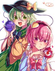 2girls black_bow black_bowtie black_hairband black_hat blue_shirt blush bow bowtie breasts buttons collared_shirt commentary_request cowboy_shot diamond_button frills green_eyes green_hair green_skirt hair_between_eyes hairband hands_up hat hat_bow heart heart_button heart_ornament highres komeiji_koishi komeiji_satori looking_at_viewer medium_breasts minchia_(wncm5544) multiple_girls open_mouth pink_bow pink_bowtie pink_hair purple_eyes red_eyes shirt short_hair siblings simple_background sisters skirt smile standing teeth third_eye touhou upper_body white_background yellow_bow yellow_shirt