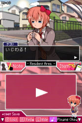 Rule 34 | 1girl, bendedede, blue eyes, blush, bow, chibi, closed mouth, commentary, day, doki doki literature club, english commentary, english text, grey jacket, hair bow, handheld game console, highres, index fingers together, jacket, long sleeves, nintendo ds, orange hair, outdoors, pixel art, pout, red bow, sayori (doki doki literature club), school uniform, short hair, small sweatdrop, symbol-only commentary, translation request, user interface