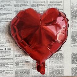 absurdres balloon heart_balloon highres julia_stankevych newspaper no_humans oil_painting_(medium) original painting_(medium) realistic signature still_life traditional_media wall_of_text