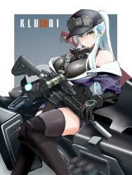 1girl assault_rifle b-luck_coffee baseball_cap black_gloves black_hat black_thighhighs blue_hair breasts character_name covenant_halo_(girls&#039;_frontline_2) cross_hair_ornament dated flashbang girls&#039;_frontline girls&#039;_frontline_2:_exilium gloves green_eyes gun h&amp;k_hk416 hair_ornament hat highres hk416_(girls&#039;_frontline) holding holding_gun holding_weapon jacket klukai_(girls&#039;_frontline_2) long_hair looking_at_viewer motor_vehicle motorcycle off_shoulder ponytail purple_jacket rifle sidelocks simple_background single_thighhigh solo suppressor tattoo teardrop_facial_mark teardrop_tattoo thighhighs weapon