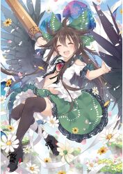 1girl :d ^_^ absurdres ahoge arm_cannon arm_up black_hair black_shoes black_thighhighs black_wings bow cape cape_hold closed_eyes clothing_cutout collared_shirt day falling_petals feathered_wings flower frilled_shirt_collar frilled_skirt frills full_body green_bow green_hair green_ribbon hair_between_eyes hair_bow high_heels highres long_hair neck_ribbon open_clothes open_mouth open_shirt outdoors petals puffy_short_sleeves puffy_sleeves reiuji_utsuho ribbon shirt shoes short_sleeves shoulder_cutout skirt smile solo starry_sky_print teeth thighhighs third_eye touhou toutenkou two-sided_cape two-sided_fabric unbuttoned unbuttoned_shirt upper_teeth_only very_long_hair weapon white_cape white_flower wings yellow_flower