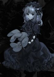 1girl absurdres black_background black_dress black_eyes black_headdress closed_mouth dress empty_eyes gothic_lolita grey_hair hair_ornament highres holding holding_stuffed_toy kihakusan lolita_fashion medium_hair original solo stuffed_toy x_hair_ornament
