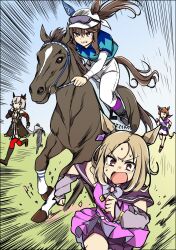 4girls admire_vega_(racehorse) admire_vega_(umamusume) animal_ears biko_pegasus_(umamusume) black_boots black_dress blonde_hair boots bow bridle bright_pupils brown_eyes brown_hair character_name clothing_cutout commentary_request creature_and_personification curren_chan_(umamusume) dress ear_bow ear_covers ear_ornament ears_through_headwear goggles goggles_on_head grey_hair hat highres holding horse_ears horse_girl horse_tail horseback_riding knee_boots layered_sleeves long_sleeves multiple_girls narita_top_road_(umamusume) pants pants_tucked_in parted_bangs personification race_bib racing red_eyes riding short_hair short_over_long_sleeves short_sleeves shorts shoulder_cutout sideways_glance silhouette single_ear_cover spiked_hair star_ornament sweat tail translation_request umamusume wahiko_(black_bastard) white_hat white_pants