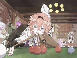 &gt;_&lt; 5girls :o animal_ears ascot averting_eyes ball billiard_ball billiards black_gloves black_hairband black_shorts blonde_hair blue_eyes book bookshelf ceiling chair coffee coffee_mug commentary_request cue_stick cup demon_horns desk desk_lamp fingerless_gloves garter_straps gloves grey_hair hair_between_eyes hair_ornament hairband hakui_koyori hakui_koyori_(1st_costume) haori head_wings highres holding holding_cue_stick holding_cup hololive holox horns indoors japanese_clothes kazama_iroha kazama_iroha_(1st_costume) la+_darknesss la+_darknesss_(1st_costume) lamp long_hair long_sleeves looking_at_another mug multicolored_hair multiple_girls nail_polish on_table open_mouth pantyhose partially_fingerless_gloves peeking_through_fingers pink_eyes pink_hair pool_table red_eyes red_skirt sakamata_chloe sakamata_chloe_(1st_costume) shirt short_hair shorts sitting skirt spilling streaked_hair striped_horns table takane_lui takane_lui_(1st_costume) tauyoshi728 teeth virtual_youtuber white_ascot white_shirt wings wolf_ears x_hair_ornament yellow_eyes