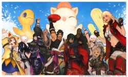 4girls 6+boys :d :o adventurer_(ff14) ahoge alisaie_leveilleur alphinaud_leveilleur animal_hood arm_around_shoulder arm_belt arm_up armor au_ra belt black_gloves black_hair blonde_hair blue_eyes border bottle brown_hair brown_jacket cat_hood chocobo coat company_name copyright_name cup elbow_gloves elezen elf faulds final_fantasy final_fantasy_xiv fingerless_gloves gloves gosetsu_daito grey_hair group_picture hien_rijin highres holding holding_bottle holding_cup hood hood_up hooded_coat hyur jacket japanese_clothes jewelry kimono krile_baldesion_(ff14) lalafell lyse_hext moogle multiple_boys multiple_girls nagamine_hiroyuki navel obi official_art open_clothes open_jacket open_mouth outstretched_arm pauldrons pendant pipin_tarupin pointy_ears raubahn_aldynn red_jacket red_kimono sabotender sakazuki samurai_(final_fantasy) sash shorts shoulder_armor signature smile standing tassel toasting_(gesture) warrior_of_light_(ff14) white_border white_hair white_shorts yellow_coat yugiri_tsuzuri